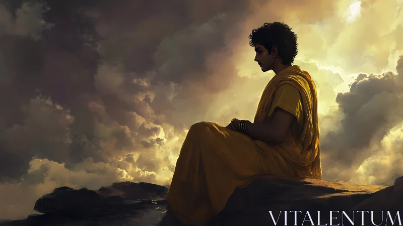 Young robed figure seated against dramatic clouded sky.
