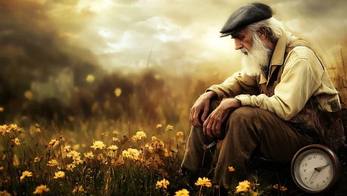 Elderly man in golden field contemplating time at dusk.
