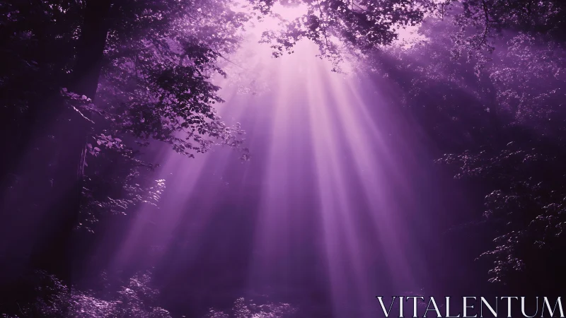 Purple tinted sunbeams penetrating dense forest canopy.