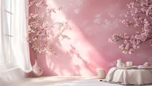Soft pink interior with blooming branches and diffused light.
