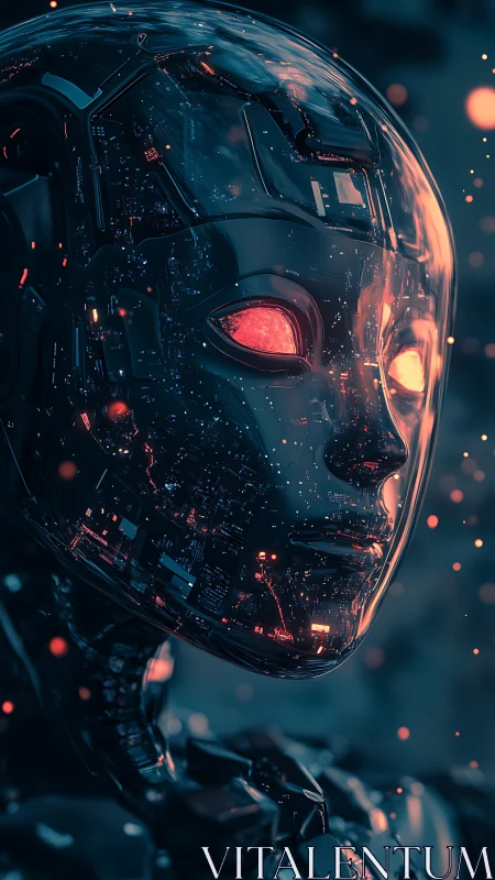 Cybernetic android head glows with neon circuitry night