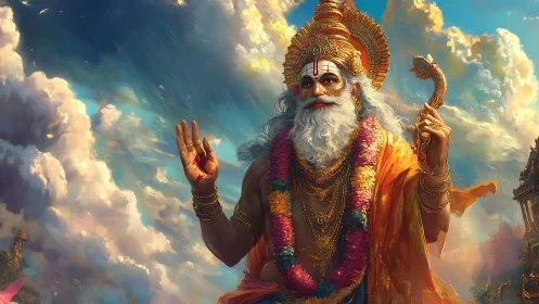 Radiant sky deity in golden robes offering gentle blessing.