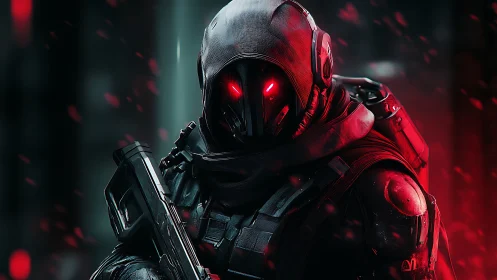 Red eyed cyber soldier standing in a storm of neon ash.