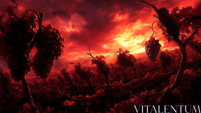 Crimson vineyard dusk with looming grapes under fiery sky.