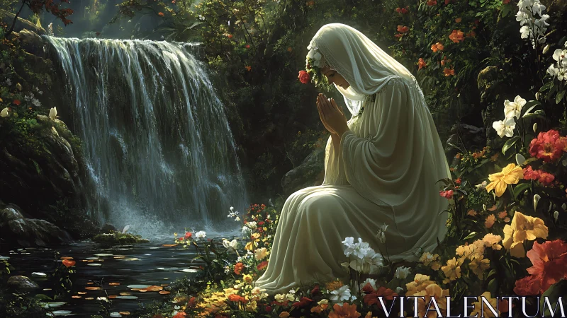 Sanctified figure in luminous flora beside cascading waterfall.