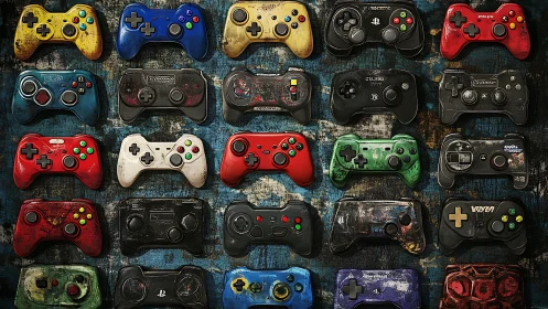 Tactile taxonomy of weathered game controllers in grid alignment.