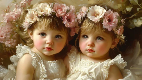 Twin porcelain children with floral crowns wearing lace garments in painterly style.