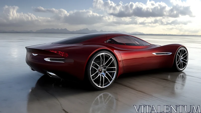 Futuristic red supercar concept on reflective salt flat surface.