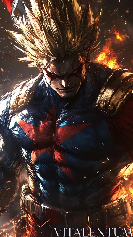 Brooding armored superhero amid blazing embers and sparks.