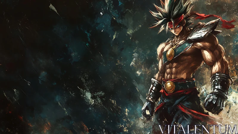 Battle-scarred warrior in dynamic brushstroke stormscape.