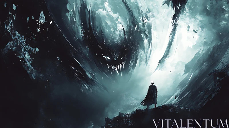 Caped silhouette confronting colossal spectral monster in storm