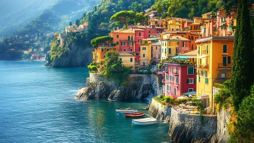 Sunlit terraced harbor village on steep Mediterranean sea cliffs