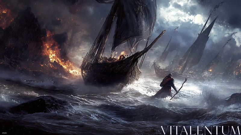 Storm-wracked warships clash beside burning volcanic coast.