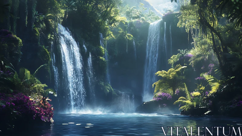 Sunlit jungle waterfalls cascade into a tranquil blue lagoon.