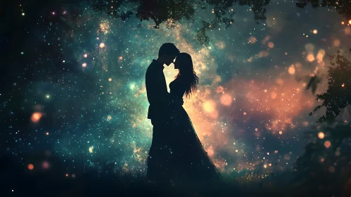 Two souls locked in stardust embrace, defying cosmic loneliness