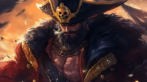 Pyroclastic corsair commander in baroque naval regalia.