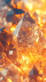 Golden crystal cluster under warm glowing light focus.