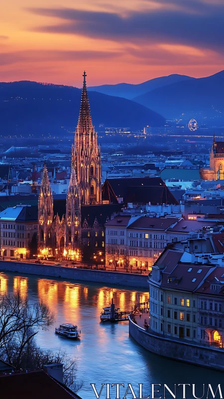 Riverside cathedral glow and ferris wheel under painted dusk.