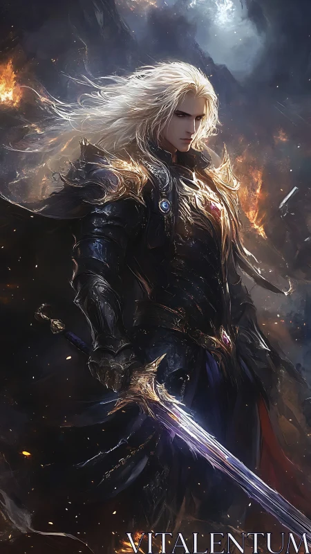 Stormlit silver knight guarding the burning dusk gate.