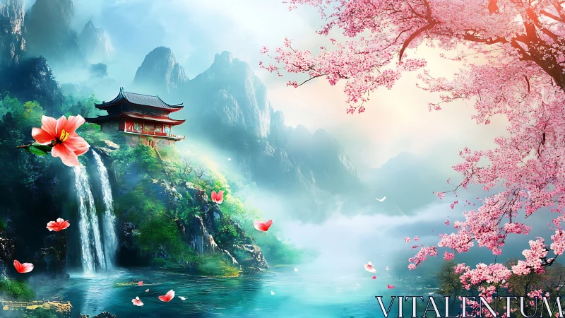 Tranquil mountain temple beside misty falls and blossom lake.