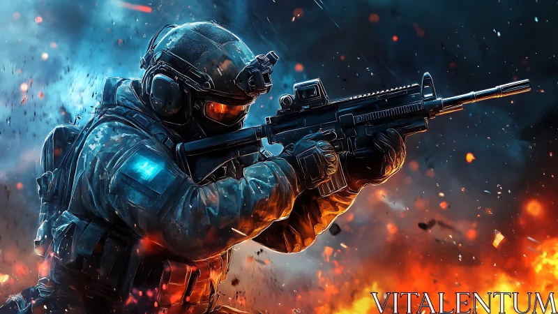 Armored infantry operator with rifle amid blast effects.