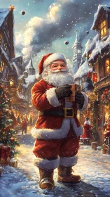 Santa Claus in snow-covered village street holding gift box
