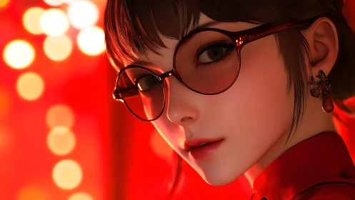 Elegant girl in red glasses glows in warm neon bokeh light
