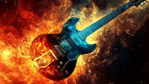 Electric guitar ignites through blue fire and orange flames.