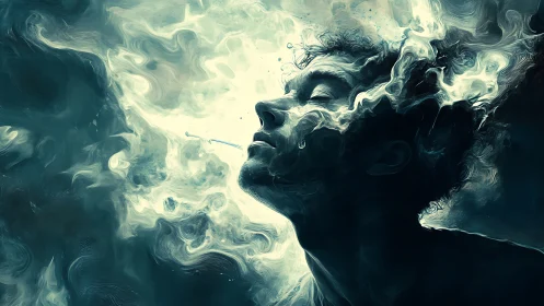 Ethereal male profile dissolving into swirling vapor forms.