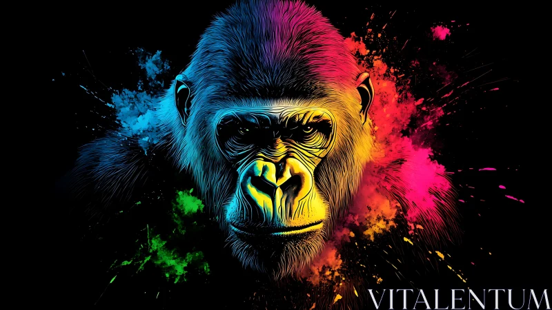Vibrant neon gorilla emerges from explosive color splashes