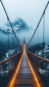 Suspension bridge with LED-lit deck receding into dense alpine fog