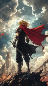 Armored swordsman surveys a ruined city beneath storm clouds.