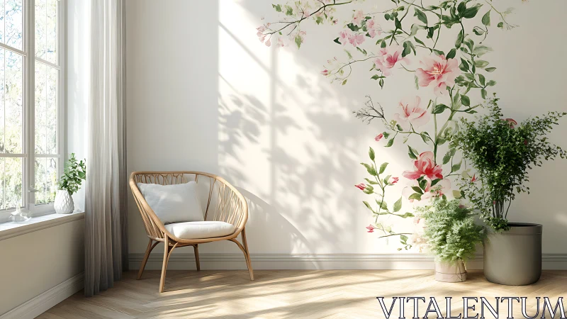 Photorealistic serene reading corner with floral mural wall.