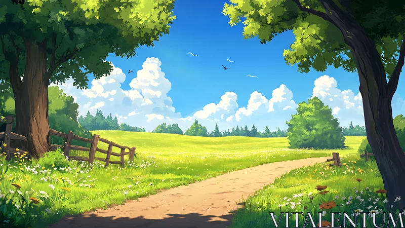 Sunlit country path through flowering meadow and oak trees