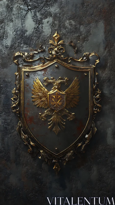 Gilded heraldic shield with corroded metal relief detailing.