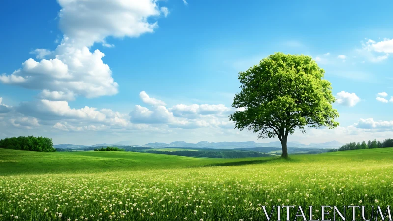 Isolated deciduous tree dominating luminous pastoral horizon.
