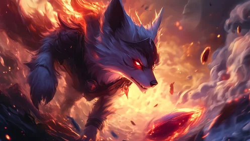 Fiery wolf-like creature in eruptive atmospheric scene.