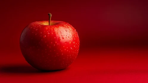 Single red apple with water droplets sits on red background.