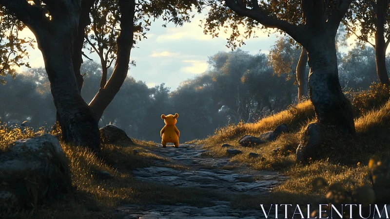 Yellow bear-like figure on stone path in forest light.