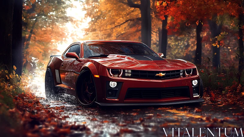 Red muscle car powers through wet autumn forest road.