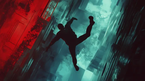 Silhouetted body falling through bifurcated red and cyan corridor