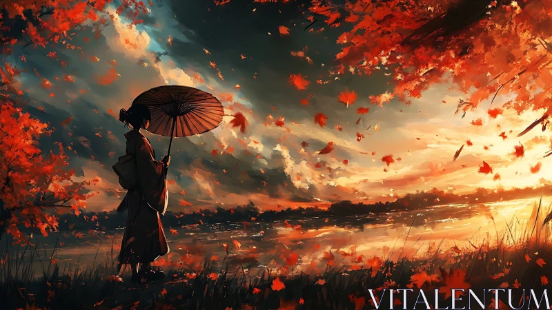 Solitary kimono figure watches autumn leaves in blazing sunset