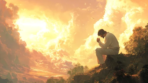 Sunlit hillside prayer in a sky of glowing clouds.