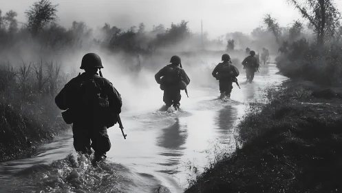 Soldiers advancing through misty flooded battlefield canal.