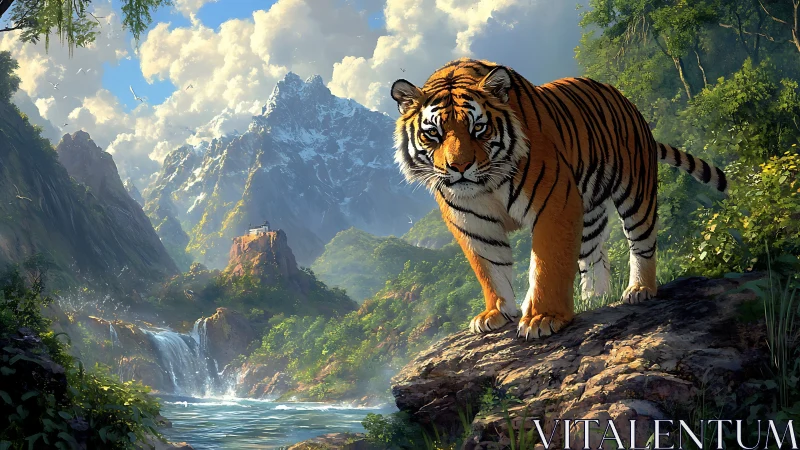 Majestic tiger overlooking luminous waterfall valley landscape.