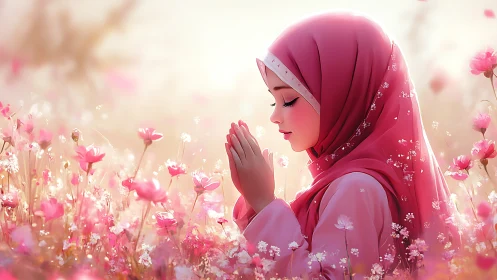 Girl in pink hijab praying in soft pink flower field.