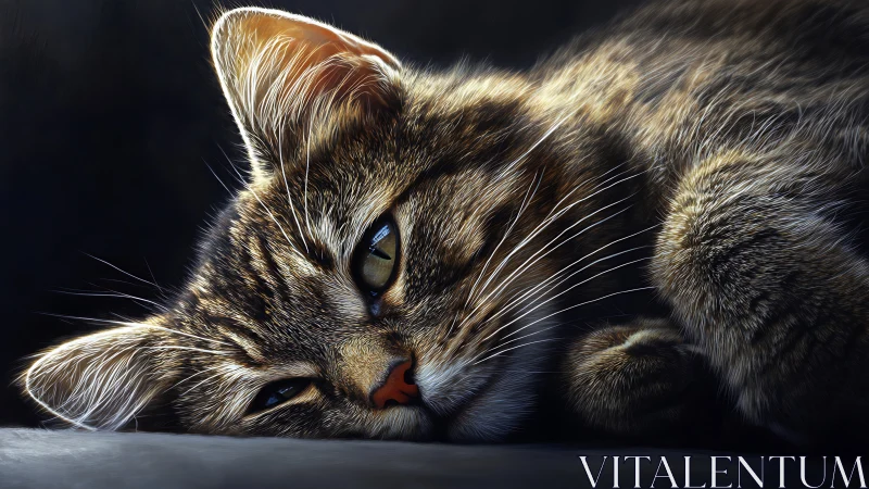 Tabby Cat Resting with Luminous Eyes and Detailed Fur Rendering.