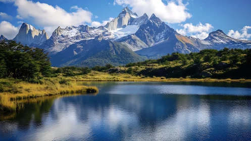 Snowcapped mountain range mirrors over still blue lake.