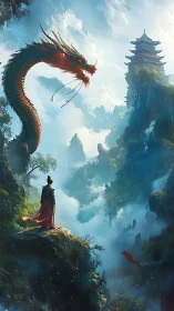 Rococo Style Floating Dragon Above Misty Mountain Gorge.