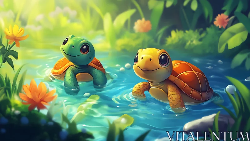 Sunlit turtle duo drifting through a storybook forest stream.
